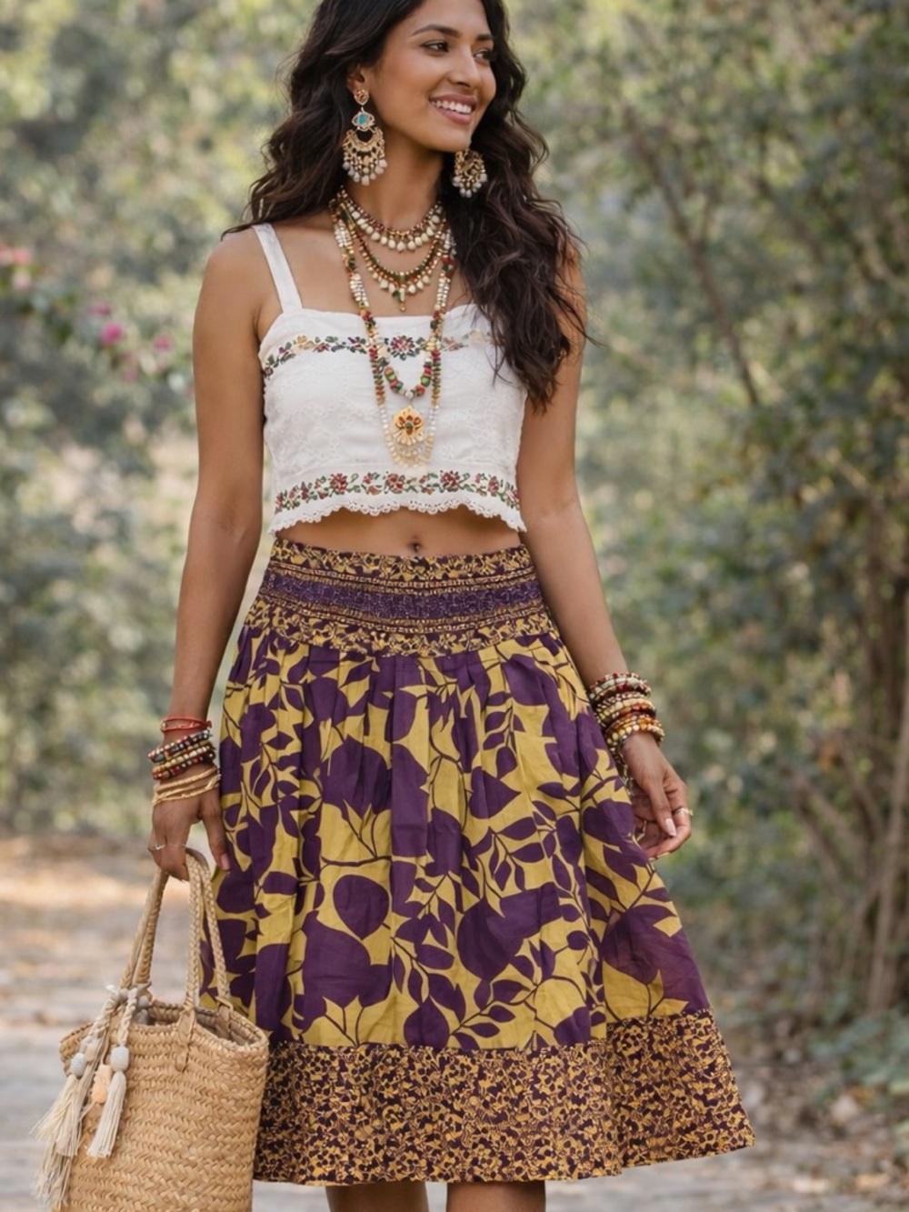Promod Boho Floral Skirt | Purple Gold Cotton Lined | Beaded waist | Med